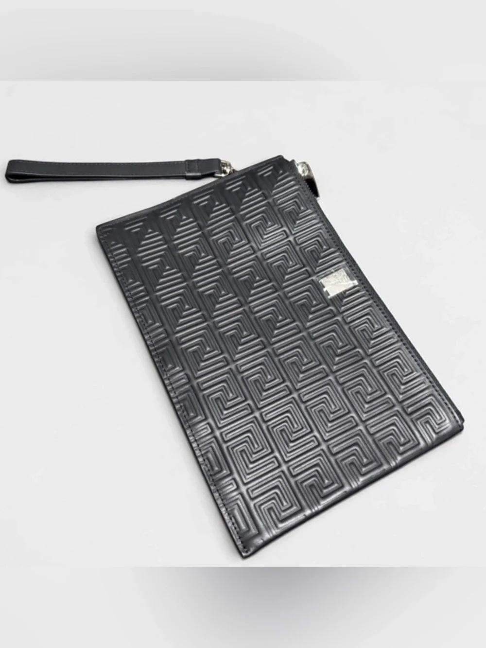 Versace Black La Greca Embossed Leather Wristlet Clutch